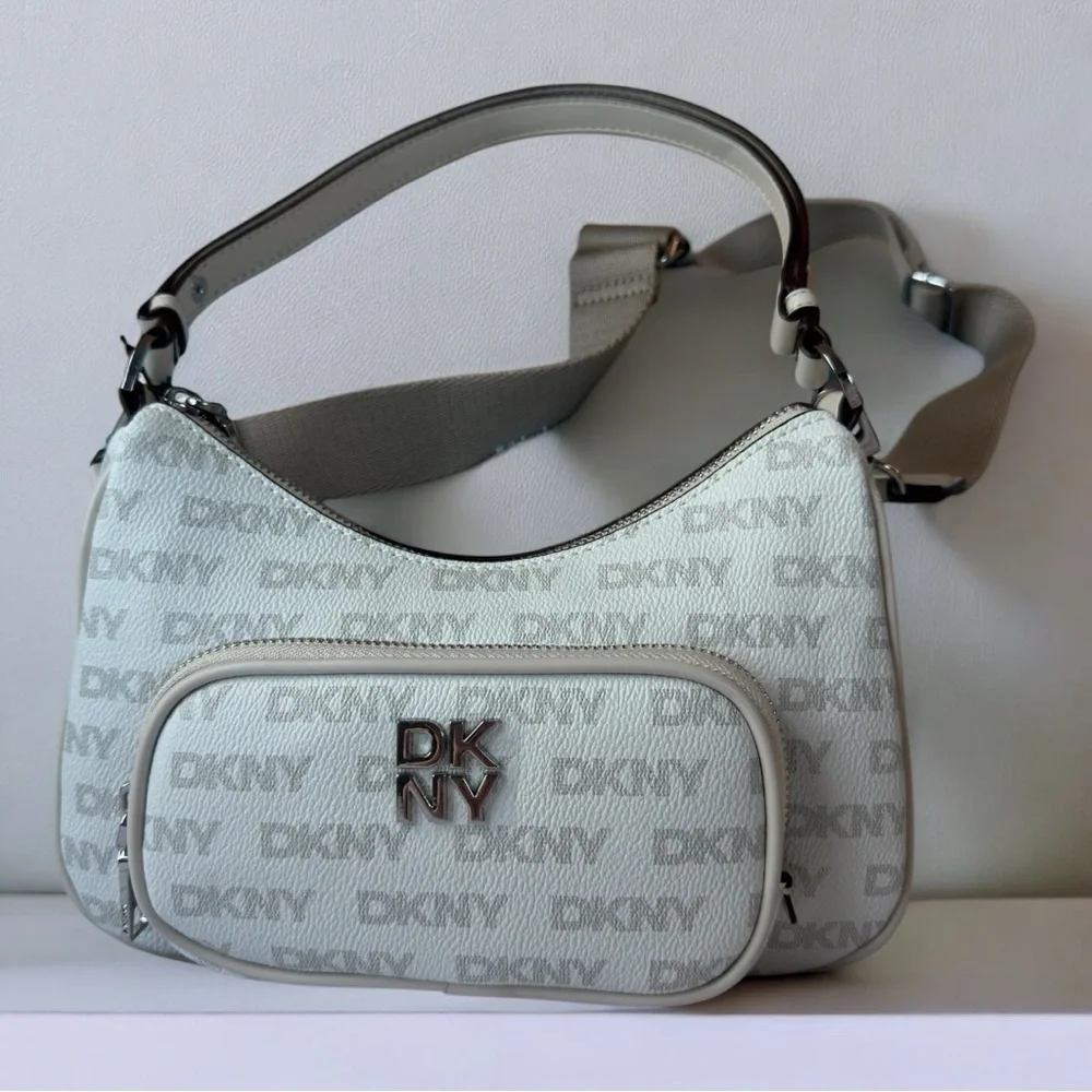 DKNY Gray Shoulder Bag with Text Pattern MSRP 178.00
